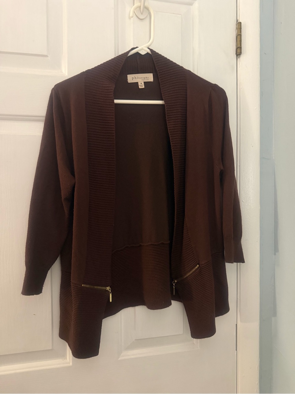 Philosophy Chocolate Brown Open-Front Zip-Pocket Cardigan Medium